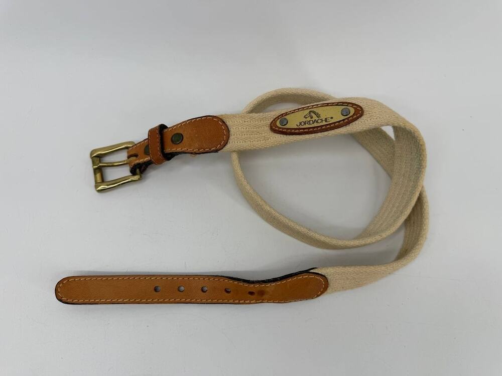 Vintage Jordache Canvas Leather Belt Cream Tan Brass Buckle Unisex USA